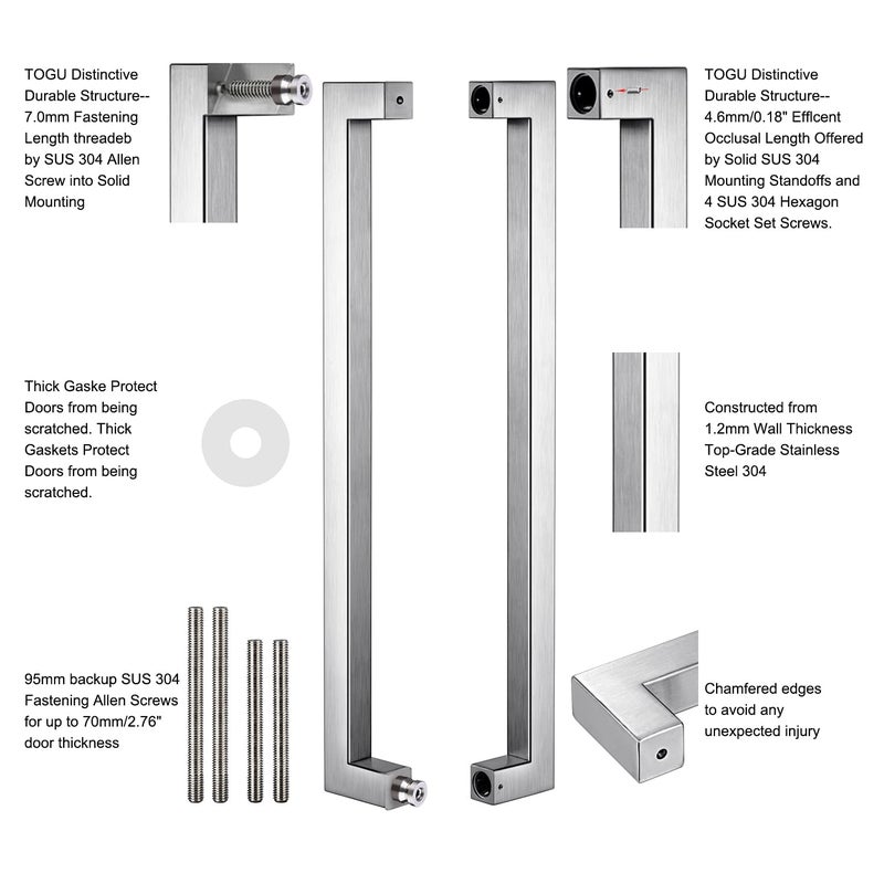 TOGU TG-R3030 Heavy Duty Commercial Grade 600mm/24 inches Square/Rectangle Shape Solid 1.2mm Thick Stainless Steel 304 Push Pull Door Handle, Full Brushed Stainless Steel Finish - Image 4